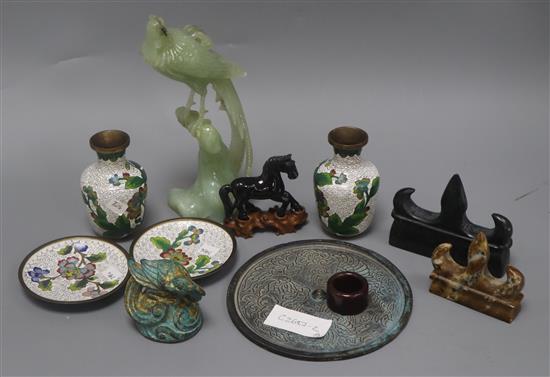 A Chinese bowenite jade pheasant, two stone branch rests, a cloisonne mirror, an archers ring, etc